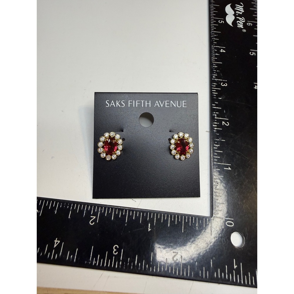 Saks Fifth Avenue Gold Tone Red Ruby Crystal Halo Stud Earrings Post Backs